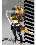 2025 3_toes accessory anthro australian_flag backpack bag barcode bulge bulletproof_vest bunnybaphomet clothed clothing earpiece feet fingerless_gloves fur furgonomics gloves grey_background gun gynomorph hair handgun handwear hat headgear headwear holster holstered_pistol intersex knee_pads latex latex_clothing latex_legwear latex_stockings legwear macropod mammal markings marsupial midriff navel open_mouth open_smile panties patch_(fabric) paz_(yellowleggy) pistol ponytail qr_code ranged_weapon red_eyes shotgun simple_background smile solo standing stockings striped_markings striped_tail stripes tactical_gear tail tail_accessory tail_bag tail_markings toeless_legwear toes underwear visor visor_cap wallaby weapon yellow_body yellow_fur