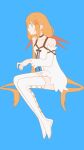  1girl absurdres armpit_crease bare_shoulders black_bow black_choker blue_background boots bow breasts chest_bow choker collarbone detached_sleeves dress green_eyes hair_ornament hair_ribbon highres kingdom_hearts kingdom_hearts_x long_hair long_sleeves looking_ahead looking_at_viewer low_twintails orange_hair orange_ribbon ribbon short_dress simple_background sitting smile solo strelitzia_(kingdom_hearts) thigh_boots twintails very_long_hair w3n6ev white_boots white_dress x_hair_ornament 