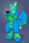 animal_genitalia animate_inanimate anthro balls big_balls blue_body blue_fur canid canine fully_sheathed fur gaming genitals green_body green_fur grey_background hi_res inflatable living_inflatable living_plushie male mammal markings nude_anthro nude_male paws playing_video_game plushie sheath simple_background sinisterheaven solo spots spotted_body spotted_fur standing thick_thighs