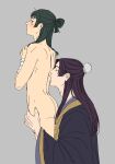  1boy 1girl bandaged_arm bandages chinese_clothes clothed_male_nude_female commentary couple english_commentary grey_background hetero highres jinshi_(kusuriya_no_hitorigoto) kiss kusuriya_no_hitorigoto long_hair louise_artist maomao_(kusuriya_no_hitorigoto) nude simple_background standing 