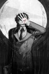  1boy black_coat black_hair black_necktie blood blood_on_hands coat collared_shirt covering_face green_eyes hand_up highres looking_at_viewer male_focus necktie one_eye_covered original partially_colored shirt short_hair solo spotlight spread_fingers white_shirt wuruko 