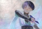  1boy aqua_kimono arm_at_side arm_up armor belt black_belt black_bow black_bridal_gauntlets black_hair blunt_ends bow bridal_gauntlets cape expressionless furisode genshin_impact gold_ring highres japanese_armor japanese_clothes juban kimono kote kurokote male_focus mandarin_collar middle_ring open_clothes open_kimono purple_cape purple_eyes purple_sash sash scaramouche_(genshin_impact) shihatsu_0 short_sleeves shoulder_peek solo upper_body wanderer_(genshin_impact) watercolor_effect white_kimono white_sleeves wispy_bangs 