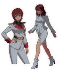  alternate_universe amuro_ray brown_hair char&#039;s_counterattack contrapposto curvy dress earrings faux_retro_artstyle genderswap genderswap_(mtf) grey_dress grey_eyes grey_jacket grey_pants grey_shoes gundam hand_on_own_hip high_collar high_heels highres jacket jewelry legs medium_hair military_uniform neo_zeon pants pencil_skirt shoes skirt walking yy0880yy 