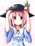  alternate_headwear blush borrowed_garments food fruit hand_on_headwear happy hat headwear_switch heart komeiji_satori looking_at_viewer ominaeshi_(takenoko) peach pink_hair red_eyes short_hair smile solo touhou upper_body 