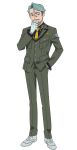  1boy black_shirt challia_bull collared_shirt dress_shoes epaulettes facial_hair full_body gloves goatee green_hair green_jacket green_pants gundam gundam_gquuuuuux hand_in_pocket hand_on_own_chin highres jacket looking_at_viewer male_focus military_uniform mustache necktie official_art pants parted_hair shirt short_hair simple_background solo standing stroking_own_chin tie_clip transparent_background white_gloves yellow_necktie 