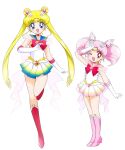  2girls back_bow bad_id bad_twitter_id bishoujo_senshi_sailor_moon bishoujo_senshi_sailor_moon_supers blonde_hair blue_eyes blue_sailor_collar blue_skirt boots bow bowtie brooch chibi_usa child choker circlet commentary cone_hair_bun crescent crescent_earrings derivative_work dot_nose double_bun earrings elbow_gloves english_commentary eyelashes full_body gloves gradient_clothes gradient_skirt hair_bun hair_ornament hand_on_own_head happy heart heart_brooch heart_choker height_difference high_heel_boots high_heels highres honeymoonpetal jewelry knee_boots large_bow leg_up leotard light_blush long_hair magical_girl miniskirt mother_and_daughter multiple_girls official_style one_eye_closed open_mouth parted_bangs pink_boots pink_brooch pink_hair pink_sailor_collar pink_skirt pleated_skirt red_boots red_bow red_bowtie red_eyes ringlets sailor_chibi_moon sailor_collar sailor_moon short_hair short_sleeves short_twintails simple_background skirt smile standing super_sailor_chibi_moon super_sailor_moon tareme tsukino_usagi twintails very_long_hair white_background white_bow white_gloves white_leotard white_skirt yellow_choker 