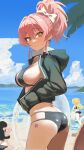  3girls @_@ absurdres beach bikini black_bikini black_hoodie blue_sky blush bow breasts closed_mouth cloud cloudy_sky commentary day earrings hair_between_eyes hair_bow hand_in_pocket heart heart_earrings high_ponytail highres hood hoodie idolmaster idolmaster_cinderella_girls jewelry jougasaki_mika jougasaki_rika large_breasts long_hair long_sleeves looking_at_viewer looking_back multiple_girls ocean outdoors palm_tree pink_hair pink_lips ponytail sand sky solo_focus star_tattoo sweat swimsuit tattoo thighs tomber tree white_bow white_innertube yellow_eyes 