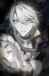  1boy armor black_choker black_shirt blue_eyes choker clenched_teeth coat hashtag-only_commentary highres honkai:_star_rail honkai_(series) kashiko_0911 male_focus parted_bangs pauldrons phainon_(honkai:_star_rail) shirt short_hair shoulder_armor single_pauldron solo spotlight sweat teeth white_coat white_hair 