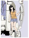  1girl 2000s_(style) bare_shoulders black_hair blue_skirt breasts brown_eyes cable camisole closed_mouth collarbone denim denim_skirt eguchi_hisashi full_body grey_background hand_up head_tilt highres long_hair looking_at_viewer mecha medium_breasts mihashi_haruko miniskirt no_socks off_shoulder official_art open_hands orange_camisole robot roujin_z science_fiction shoes simple_background skirt solo spread_fingers star_(symbol) star_print white_shoes 