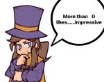  1girl a_hat_in_time blue_eyes blush brown_hair cape closed_mouth english_text fujimna hat hat_kid long_sleeves looking_at_viewer medium_hair meme ponytail purple_hat short_ponytail sidelocks simple_background smile solo speech_bubble top_hat white_background yellow_cape 