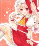  1girl ascot blonde_hair candy eating flandre_scarlet food full_body hat highres holding holding_candy holding_food lollipop looking_at_viewer marker_(medium) mob_cap open_mouth puffy_short_sleeves puffy_sleeves red_eyes ribbon short_sleeves side_ponytail sitting skirt smile solo touhou traditional_media wings wrist_cuffs yellow_ascot yuuki_hana_(jtnp5334) 
