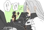  2boys armor black_hair blush closed_eyes commentary_request crisis_core_final_fantasy_vii dated final_fantasy final_fantasy_vii gloves grey_hair highres holding holding_mini_person laughing long_hair looking_at_another male_focus mini_person miniboy multiple_boys open_mouth sephiroth short_hair shoulder_armor size_difference smile speech_bubble spiked_hair talking tmy_gm2 translation_request twitter_username yaoi zack_fair 