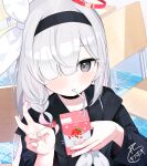  1girl black_choker black_eyes black_hairband black_serafuku blue_archive blush carton choker drinking hair_over_one_eye hairband halo highres long_hair looking_at_viewer nishi_yasuaki plana_(blue_archive) red_halo red_pupils school_uniform serafuku solo white_hair 