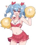  1girl :d absurdres alternate_costume bare_shoulders blue_hair blush braid breasts cheering cheerleader cleavage colphne_(girls&#039;_frontline_2) crop_top cropped_shirt girls&#039;_frontline girls&#039;_frontline_2:_exilium hair_between_eyes hair_ornament hair_ribbon hairclip hands_up heart highres leaning_to_the_side looking_at_viewer medium_hair midriff miniskirt navel nikukabe pleated_skirt pom_pom_(cheerleading) red_eyes red_ribbon red_shirt red_skirt ribbon shirt skirt sleeveless sleeveless_shirt small_breasts smile solo standing stomach twin_braids twintails 