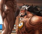  2boys abs absurdres baptiste_(overwatch) bara beard black_hair commentary_request dark-skinned_male dark_skin earrings erection facial_hair highres hitenmaru huge_pectorals imminent_fellatio jewelry long_hair male_focus mauga_(overwatch) multicolored_hair multiple_boys muscular muscular_male nipples overwatch pectorals penis precum solo_focus streaked_hair sweat tattoo teeth testicles two-tone_hair veins white_hair yaoi 