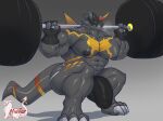 abs anthro armor bandai_namco barbell barbell_squats big_penis black_body bulkmon clothing digimon digimon_(species) exercise genitals headgear helmet hi_res huge_penis male masterelrest muscular muscular_anthro muscular_male pecs penis solo thong underwear weightlifting workout