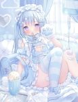  1girl animal_ears animal_hands backpack bag bandaid bandaid_hair_ornament bandaid_on_knee bandaid_on_leg blister_pack blue_bag blue_bandaid blue_dress blue_eyes blue_hair blue_theme blue_thighhighs blush cat_paws clothing_cutout commentary_request dated dress fake_animal_ears food fork frilled_dress frills gauze gauze_on_leg hair_ornament hairband hairclip heart heart-shaped_bandaid heart_cutout highres ice_cream intravenous_drip lolita_hairband long_hair looking_at_viewer mouth_hold omochi_monaka original pastel_colors pill puffy_short_sleeves puffy_sleeves purple_bandaid randoseru shoes short_sleeves shoulder_cutout signature single_thighhigh sitting solo spoon striped_clothes striped_thighhighs tenshi_kaiwai thighhighs tray twintails twitter_username utensil_in_mouth white_shoes wing_hair_ornament x_hair_ornament 