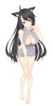  1girl :q absurdres ahoge alternate_costume animal_ear_fluff animal_ears bare_legs barefoot black_hair breasts cleavage cleavage_cutout closed_mouth clothing_cutout commentary_request fox_ears fox_girl full_body grey_sweater hair_down hand_on_own_thigh hand_up highres hoshikawa_kaguya large_breasts leaning_forward long_hair looking_at_viewer red_eyes ribbed_sweater seductive_smile simple_background smile solo standing sweater swept_bangs tenshi_souzou_re-boot! tongue tongue_out very_long_hair virgin_killer_sweater white_background yoru_yanase 