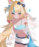  1girl :3 absurdres ahoge animal_ear_fluff animal_ears bikini bikini_under_shorts blonde_hair blue_background blue_bikini blue_bow blue_eyes blue_hair blunt_bangs bow breasts cat_ears cleavage commentary fang fins fish_girl fish_tail hair_bow hair_flaps halterneck hana20000920 hand_up highleg highleg_bikini highres indie_virtual_youtuber jacket jacket_partially_removed lifebuoy_hair_ornament long_hair looking_at_viewer low_twintails multicolored_hair navel one_side_up sameko_saba see-through_clothes see-through_sleeves short_shorts shorts side-tie_bikini_bottom simple_background single_sleeve_past_wrist skin_fang small_breasts solo streaked_hair swimsuit symbol-only_commentary tail thighhighs twintails very_long_hair virtual_youtuber white_background white_bikini white_hair white_shorts yellow_eyes 