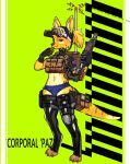 2025 3_toes accessory anthro australian_flag backpack bag barcode bulge bulletproof_vest bunnybaphomet clothed clothing earpiece feet fingerless_gloves fur furgonomics gloves green_background gun gynomorph hair handgun handwear hat headgear headwear holster holstered_pistol intersex knee_pads latex latex_clothing latex_legwear latex_stockings legwear macropod mammal markings marsupial midriff navel open_mouth open_smile panties patch_(fabric) paz_(yellowleggy) pistol ponytail ranged_weapon red_eyes shotgun simple_background smile solo standing stockings striped_markings striped_tail stripes tactical_gear tail tail_accessory tail_bag tail_markings toeless_legwear toes underwear visor visor_cap wallaby weapon yellow_body yellow_fur