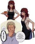  1boy 1girl amuro_ray apron black_apron blonde_hair blue_eyes blue_shirt blue_skirt brown_hair char&#039;s_counterattack char_aznable closed_eyes closed_mouth collared_shirt commentary_request covering_own_mouth cowboy_shot crying food fried_egg genderswap genderswap_(mtf) gundam hand_on_own_hip hand_to_own_mouth hand_up highres holding holding_plate long_hair looking_at_viewer multiple_views pancake pancake_stack parted_lips plate shirt short_hair simple_background skirt speech_bubble streaming_tears t-shirt tears translation_request two-tone_background tying_apron upper_body white_shirt yy0880yy 