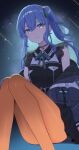  1girl absurdres asymmetrical_sidelocks belt black_belt black_choker black_dress blue_eyes blue_hair blue_jacket bow bow_earrings choker closed_mouth collared_dress colored_inner_hair commentary double-parted_bangs dress earrings green_ribbon hair_between_eyes hair_ribbon highres hololive hoshimachi_suisei hoshimachi_suisei_(casual) jacket jewelry knees_together_feet_apart knees_up lace lace_choker lace_sleeves long_hair long_sleeves looking_at_viewer multicolored_hair neck_ribbon o-e331 off_shoulder official_alternate_costume one_side_up orange_pantyhose pantyhose partially_unzipped quilted_jacket ribbon short_dress short_sleeves sidelocks sitting smile solo star_(symbol) star_in_eye symbol_in_eye two-sided_fabric two-sided_jacket virtual_youtuber 