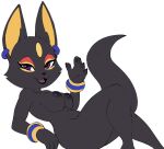anklet anthro anubian_jackal areola bandai_namco bedroom_eyes biped black_nose bracelet breasts canid canine canis ear_piercing ear_ring eye_markings eyebrows eyelashes fan_character female female_anthro fingers fur genitals grey_background half-closed_eyes hand_on_hip hi_res jackal jewelry looking_at_viewer mammal markings narrowed_eyes navel nipple_piercing nipples nude open_mouth open_smile pac-man_(series) pac-man_party patra piercing ravrous ring_piercing seductive simple_background small_breasts smile solo standing vulva