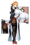  1girl black_gloves black_pantyhose black_thighhighs blonde_hair breasts dress garter_straps gloves hairband highres hololive hololive_indonesia huge_breasts kaela_kovalskia kaela_kovalskia_(1st_costume) looking_at_viewer muhammaddeny neck_warmer pantyhose platform_shoes red_eyes red_hairband solo thighhighs virtual_youtuber white_dress 