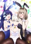  3girls ;d animal_ears animal_hands aono_haruka areola_slip black_leotard blonde_hair blue_eyes blue_hair blue_leotard blue_necktie blush breasts brown_hair character_request cleavage detached_collar fake_animal_ears fake_tail grey_eyes hair_intakes hand_on_own_cheek hand_on_own_face highres himinglaeva_albion large_breasts leotard mole mole_under_eye multiple_girls necktie one_eye_closed open_mouth playboy_bunny rabbit_ears rabbit_tail smile strapless strapless_leotard tail tongue tutorial_ga_hajimaru_mae_ni white_leotard white_wrist_cuffs wrist_cuffs yokoyama_kouji 
