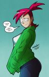  1girl ass blue_pants breasts dated english_text foster&#039;s_home_for_imaginary_friends frankie_foster green_jacket highres jacket medium_breasts open_clothes open_jacket pants red_hair shirt signature solo speech_bubble swain_(artist) white_shirt 