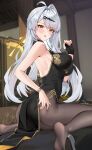  1girl alternate_costume ass backless_dress backless_outfit black_dress black_gloves black_pantyhose blush bracelet breasts china_dress chinese_clothes dress fingerless_gloves gloves hair_ornament hairclip highres impossible_clothes impossible_dress indoors jewelry large_breasts looking_at_viewer looking_back matrix16 on_bed open_mouth pantyhose revision single_fingerless_glove sitting solo wariza white_hair yellow_eyes yixuan_(zenless_zone_zero) zenless_zone_zero 