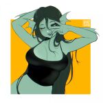 artist_name clothed clothing ear_frill female female_humanoid frill_(anatomy) front_view glistening glistening_eyes hair half-length_portrait hi_res humanoid long_hair navel one_eye_closed portrait qr_code simple_background solo sonyan text