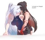  2girls absurdres black_shorts blue_hair blue_shirt blush brown_hair colored_extremities colored_skin commentary english_commentary english_text feixiao_(honkai:_star_rail) fingering frankhang4 grabbing_another&#039;s_breast gradient_hair gradient_skin groping hand_under_clothes hand_under_shirt highres honkai:_star_rail honkai_(series) lingsha_(honkai:_star_rail) long_hair multicolored_hair multiple_girls open_clothes open_shorts parted_lips ponytail reach-around red_hair red_skin shirt shorts simple_background smile white_background white_hair yuri 