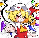  1girl ascot blonde_hair breaking crystal crystal_wings fang flandre_scarlet grin hat highres looking_at_viewer mob_cap puffy_sleeves red_eyes red_vest short_sleeves side_ponytail smile solidus_(sword_cube) solo touhou upper_body vest wings yellow_ascot 