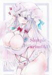  1girl adapted_costume arim0k0 arm_under_breasts artist_name blush border bra breasts cleavage commentary cowboy_shot frilled_bra frills from_side grey_border grey_hair hand_in_own_hair hat highres large_breasts lingerie long_hair looking_at_viewer marker_(medium) mob_cap patchouli_knowledge pink_bra purple_eyes sample_watermark solo touhou traditional_media underwear watermark 
