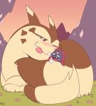 2019 ambiguous_gender anthro black_body black_nose blush blush_lines brown_body cuddling cute_fangs day duo fangs feral flower fluffy fluffy_tail forehead_gem fuf furret gem generation_2_pokemon generation_4_pokemon grass hi_res larger_ambiguous larger_feral looking_at_another lying lying_on_ground multicolored_body nintendo on_front on_ground one_eye_closed open_mouth outside plant pokemon pokemon_(species) quadruped size_difference smaller_ambiguous smaller_anthro tail tan_body teeth tongue tongue_out two_tone_body weavile