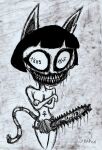 absurd_res animal_crossing ankh ankha_(animal_crossing) anthro bilemirth blood bodily_fluids chainsaw crossed_arms felid feline female hi_res horror_(theme) improvised_sex_toy looking_at_viewer mammal nintendo no_pupils nude_anthro number power_tool smile smiling_at_viewer solo strapon tools traditional_media_(artwork) unhappy893