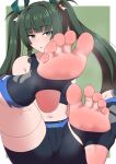  1girl :o bike_shorts black_shorts black_socks black_sports_bra border feet foot_focus green_background green_eyes green_hair hair_ornament highres jkisaradu long_hair open_mouth qingyi_(zenless_zone_zero) shorts smell socks soles solo sports_bra stirrup_legwear toeless_legwear toes twintails very_long_hair white_border zenless_zone_zero 