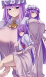  1girl absurdres ascot blunt_bangs bow breasts capelet crescent crescent_hat_ornament dress hair_bow hat hat_ornament highres large_breasts long_hair long_sleeves looking_at_viewer mirufi_(milfiiiiyu) mob_cap patchouli_knowledge purple_dress purple_eyes purple_hair red_bow solo thighs touhou white_background white_capelet yellow_ascot 