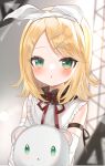  1girl 25-ji_rin absurdres armband blonde_hair blue_eyes blush bow collar commentary detached_sleeves frilled_collar frills hair_bow hair_ornament hair_ribbon hairclip highres kagamine_rin looking_at_viewer okome2028 open_mouth project_sekai red_bow ribbon shirt short_hair simple_background solo studio stuffed_animal stuffed_toy vocaloid 