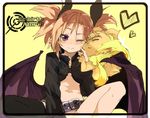  azrael_(shirow) belt creature cropped_jacket cuddling demon_wings famfrit_(shirow) heart midriff navel original pink_hair purple_eyes shirow_(crazy) single_thighhigh sitting smile thighhighs twintails wings 