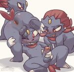 2025 all_fours anthro anus balls biped black_body blush bodily_fluids butt digital_media_(artwork) forehead_gem foreskin gem generation_4_pokemon genital_fluids genitals grin group group_sex hi_res hiked_leg humanoid_genitalia humanoid_penis male male_anthro masturbation nintendo nipples nude_anthro nude_male penile penile_masturbation penis pokemon pokemon_(species) precum raised_leg red_body red_eyes sex sharkysocks simple_background smile solo sweat threesome weavile white_background