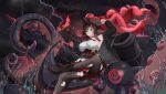  1girl absurdres arm_up azur_lane bjayers black_hair black_jacket boots breasts brown_boots brown_pantyhose cannon corset cutlass english_commentary foot_out_of_frame hat highres jacket large_breasts lightning looking_at_viewer open_clothes open_jacket pantyhose pirate pirate_costume pirate_hat rain red_corset red_eyes royal_fortune_(azur_lane) sheath sheathed smile solo tentacle_hair tentacles torn_clothes torn_pantyhose water_drop 