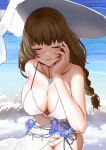  1girl beach bikini breasts brown_hair cleavage closed_eyes collarbone commentary covered_nipples dress foguma goddess_of_victory:_nikke hat highres large_breasts long_braid long_hair mary_(bay_goddess)_(nikke) mary_(nikke) ocean official_alternate_costume parted_lips solo sun_hat sundress swimsuit white_bikini 