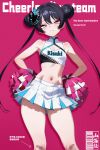  1girl absurdres bandaid bandaid_on_knee bandaid_on_leg black_hair blue_archive breasts butterfly_hair_ornament cheerleader chinese_text closed_mouth crop_top double_bun english_text grey_eyes hair_bun hair_ornament hands_on_own_hips highres holding holding_pom_poms kisaki_(blue_archive) long_hair miniskirt momobug22 navel pom_pom_(cheerleading) skirt small_breasts solo translation_request twintails very_long_hair white_skirt 