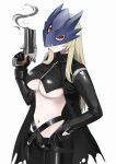  1girl beelstarmon black_coat black_pants black_shirt blonde_hair breasts coat cowboy_shot digimon digimon_(creature) eye_mask gun highres holding holding_gun holding_weapon large_breasts long_hair mianbaoren navel pants red_eyes shirt simple_background solo third_eye underboob weapon white_background 