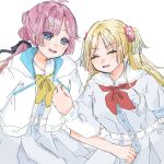  2girls :d ^_^ ahoge anyoji_hime black_ribbon blonde_hair blue_dress blue_eyes blue_hair blunt_sidelocks blush closed_eyes commentary dress gradient_hair hair_ribbon hasu_no_sora_school_uniform highres hood hooded_jacket jacket link!_like!_love_live! locked_arms long_sleeves love_live! mira-cra_park! multi-tied_hair multicolored_hair multiple_girls neckerchief open_clothes open_jacket open_mouth osawa_rurino pink_hair ponytail puffy_short_sleeves puffy_sleeves red_neckerchief ribbon sailor_collar sailor_dress school_uniform short_sleeves sidelocks simple_background skp1cnqfehmpasi smile virtual_youtuber white_background white_jacket white_sailor_collar yellow_neckerchief 