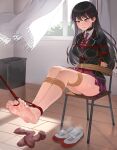  1girl absurdres arms_behind_back bang_dream! bang_dream!_it&#039;s_mygo!!!!! bare_legs barefoot bdsm black_hair bondage bound bound_arms bound_legs chuck_(harfmoondark) feet highres long_hair mygo!!!!!_(bang_dream!) purple_eyes red_skirt restrained rope school_uniform shibari shibari_over_clothes shiina_taki skirt soles stationary_restraints toes 