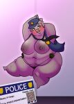 2025 anthro belly big_breasts blush bodily_fluids breasts clothing dancing domestic_pig english_text female mammal money necktie nipples obese obese_anthro obese_female overweight overweight_anthro overweight_female oxkingky pole pole_dancing police police_officer police_uniform sherry_p_chops solo strip_club suid suine sus_(pig) sweat text thick_thighs thong tongue tongue_out underwear uniform