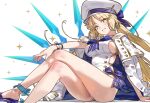  1girl absurdres artoria_caster_(fate) artoria_pendragon_(fate) blonde_hair blue_lips blue_nails breasts crossed_legs ebora fate/grand_order fate_(series) green_eyes hat highres jacket jacket_on_shoulders long_hair looking_at_viewer low_twintails medium_breasts military_jacket parted_lips sideboob sitting smile solo twintails white_hat white_jacket 